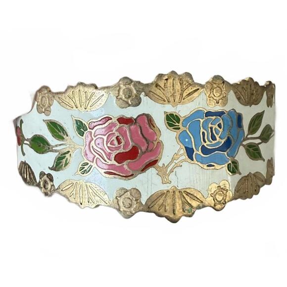 Jewelry - Vintage Cloisonné Enameled Metal Roses Cuff Bracelet Taiwan